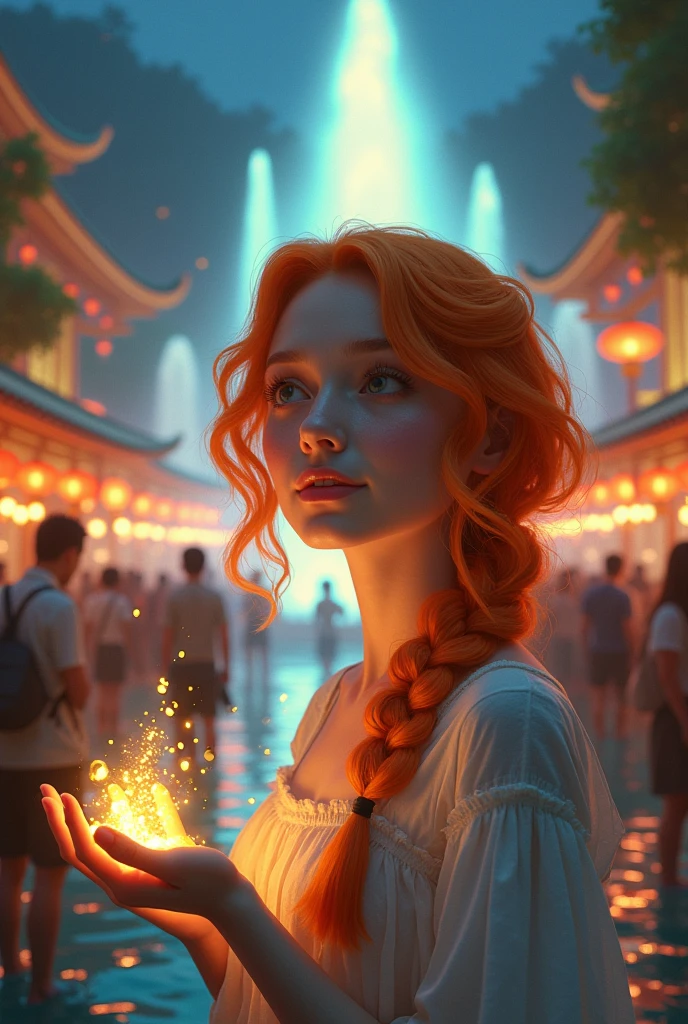 A big wish glowing magical fountain, almost unnatural , a colouful festival going on and people are all around, some making wishes too. But the zoom is on the Pretty girl making a wish with a gold coin , she has orange hair.