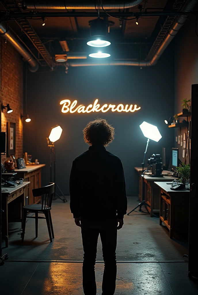 Photographic studio with 1 messy short curly hair man doing a photoshoot to a client. studios name is blackcrow in blackletter font
