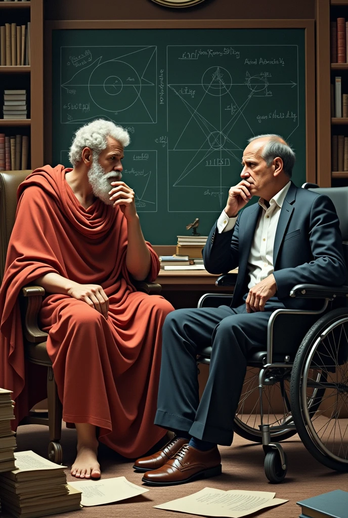 Aristotle that he is rubbing his chin as if he were thinking and that Aristotle this wind is holding the forehead. Stephen Hawking who is in a wheelchair and they are next to each other. Steven is wearing a modern suit, while Aristotle wears ancient Greek tunics. The two are surrounded by books and papers, with a blackboard in the background covered in equations and diagrams.