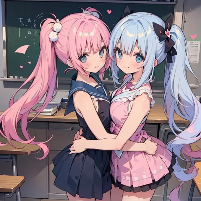 classroom、High School Uniform、cute、White pantiesが丸見え、16Year、(White panties:1.3)、Ultra mini skirt、Beautiful thighs、White panties、ミニスカートがめくれてWhite pantiesが見えてる、(masterpiece:1.2), Hyper Detail, Highest quality, (Complex_detailed:1.1), Beautiful details, Beautiful Hair, alone, Two people,Embrace each other、One side up,(sweating:1.2),(vapor),Heavy breathing,vapor,chuckle,From above,shoulder,((White sexy bra)),Cleavage,dark,Backlight, shoulder focus,Focus on the chest,Greasy breasts,Focus on the chest, shoulder focus,throw,Upper Body,New colors,Large Breasts、White underwear is visible、masterpiece、Highest quality、2 peopleの、2 peopleだけ、2 people、(((cute、Pink Hair、Long Hair、Twin tails,distinct eyes、haveは無し)))、(((cute、Silver Hair、Side Tail、High ponytail on the left、have)))、Flat Color、2 peopleとも正面を向いている、Sparkling eyes sketch(flying debris), (Highest quality), 非常にdetailed, (Face to face), Focus Only,dynamic,((smile)),Perfect Face, Beautiful Face, 非常にdetailedな顔,