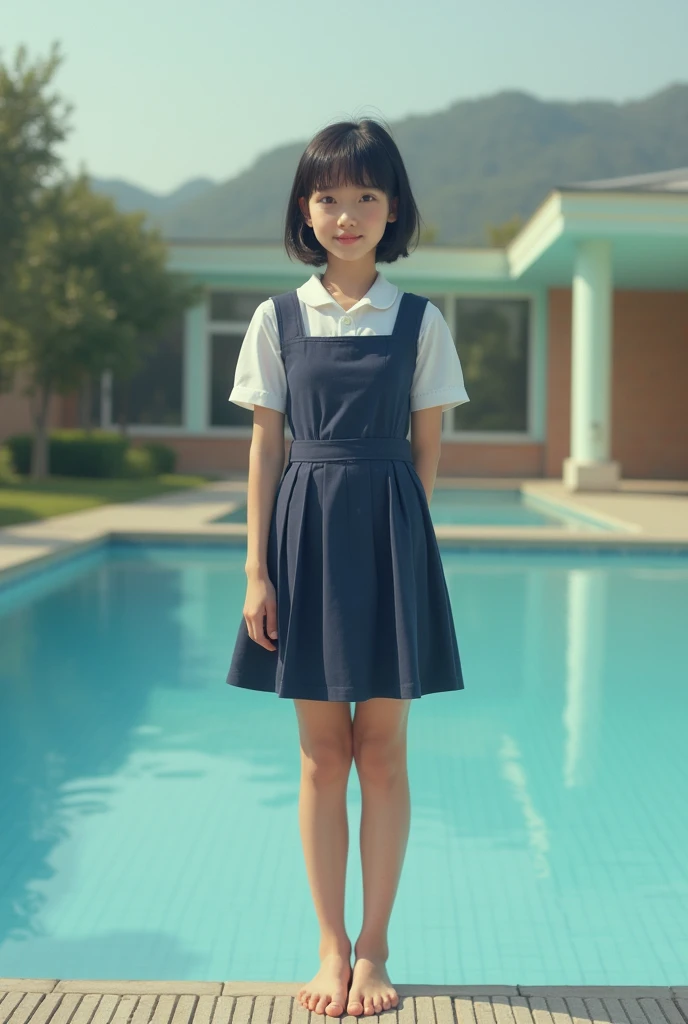 Standing by the empty school pool、 girls、Black short hair、Uniforms of the USSR、Shaved pussy、barefoot、cute、smile、Full body portrait