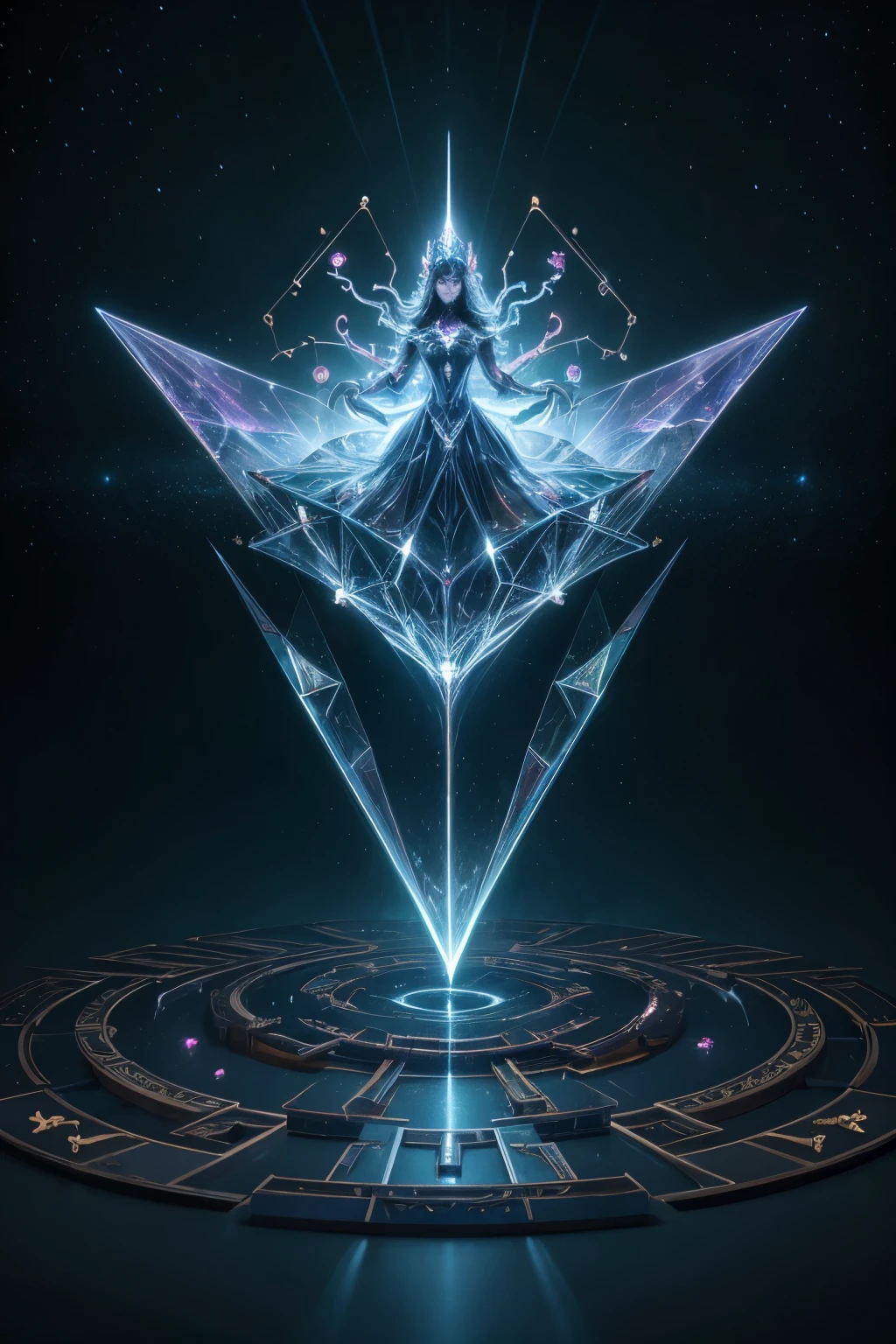 creates magical formation image, 3D Renderings, Mysterious Geometry, sharp focus, (transparent ghost-faced magician floating in front of the twelve zodiacs magic formation), Beautiful Nine-Armed Witch, Each Dragging Various Zodiac Symbols, magic ball, crow, orange cat, exceptionally charming blue eyes, mantea, green dragon crescent sword, Carved Long Sword, Transparent Mobius Ring, heaven and earth crumble, clear magic symbols, Combined Magic Formation, convocation, Complex Combination Rituals, Like Material and Immaterial Transformation, Cultivation of Gold, etc.., Using the Mike Winckelman Style, Surrealism, Surrealism, surreal digital art, Visual Exaggeration, Nanopunk, Átomopunk, set, circuit, Light painting,  LnF, engine unreal, octane rendering, v ray, high détail, high qualiy, high resolution, Surrealism, 16K, super wide angle, satellite view, Biomedical science