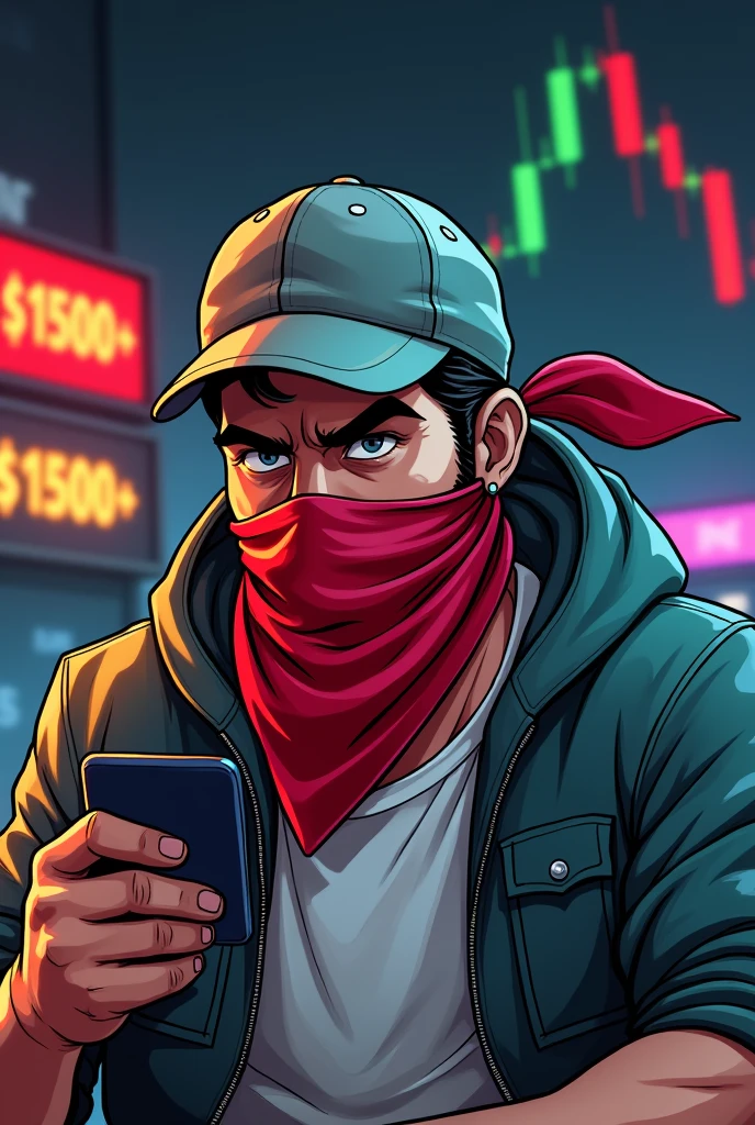 Create an image for trading. There is supposed to be a man in the picture. One wears a cap and a red bandana in his right hand. Should he wear a wonderful money. In the left hand should look at his mobile phone. In the picture you should see red and green candles in the background of the chart and behind that there should be +1500 $ Stand,  he should have a bandana on where you can&#39;t see him, the guy should look aggressive and it should be cartoon-like 