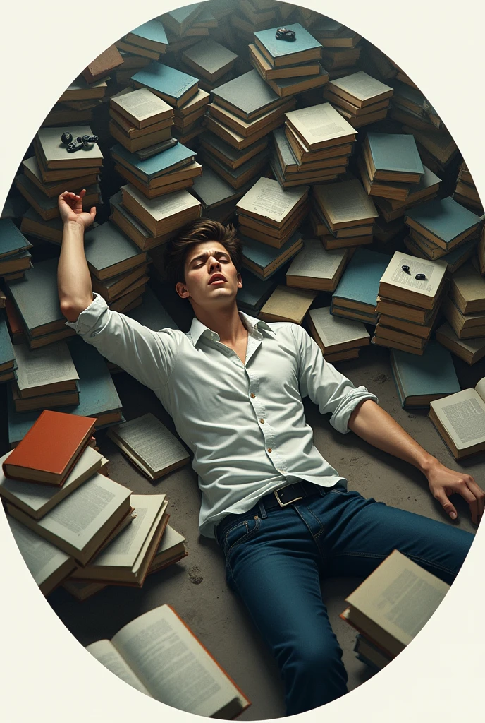 Make a circle shape dp of a alone 20 year boy who is lying on the ground .His one hand is towards gaming accessories but he  couldn't reach it because he's Stranded under a bulk of books .