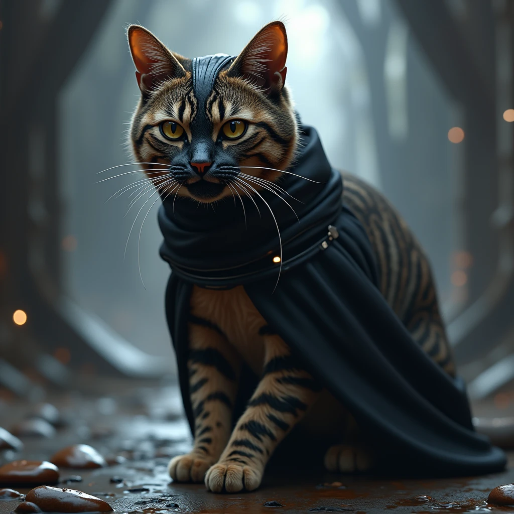 un chat tabby avec la tete de Dark Vador