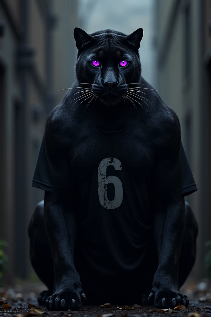 A black panther with purple eyes and a black shirt with the number six printed on it