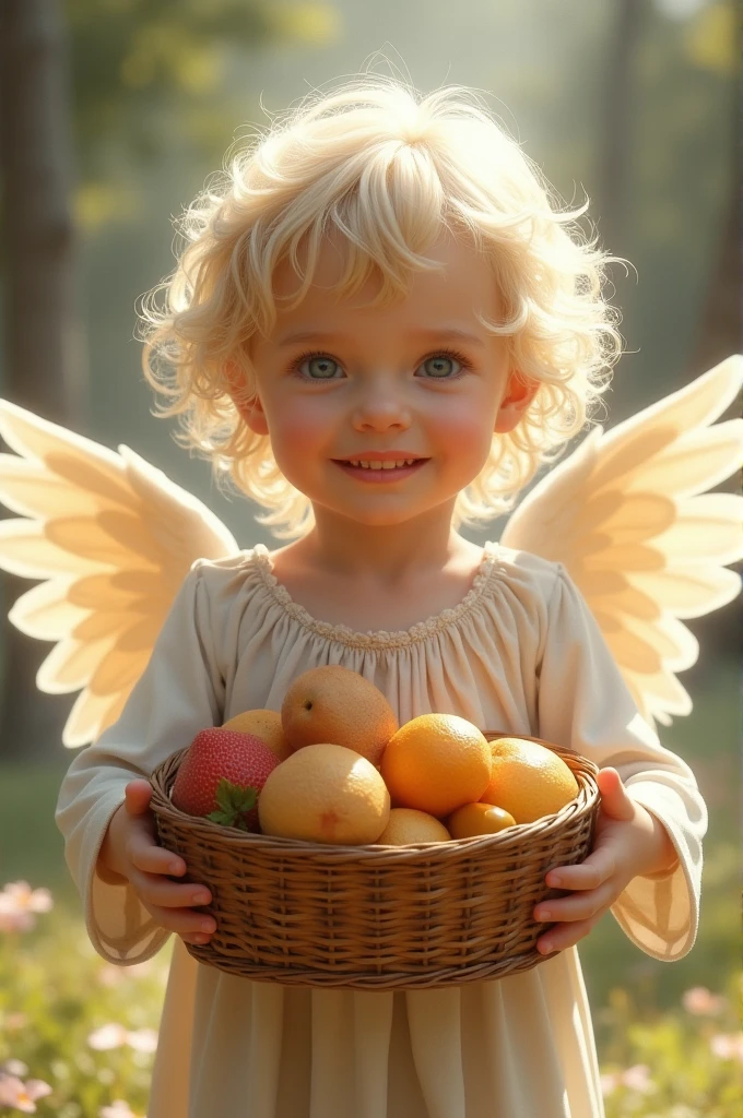 , very light blond hair, innocent smile, white, blue eyes, delivering a basket of food