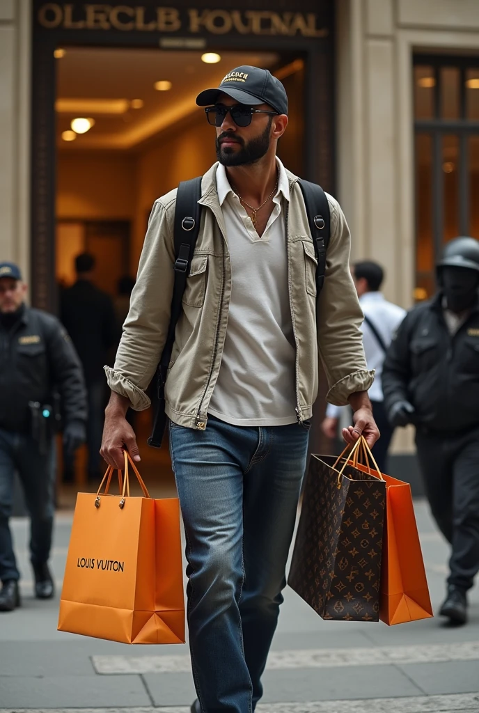 Image of Nayib Bukele, President of El Salvador, wearing a cap, leaving a luxury Luis Vuitton store with many bags he has bought and behind him, your personal safety