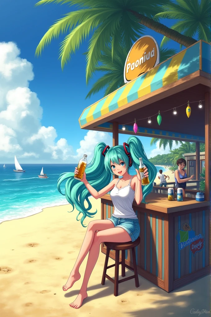 Hatsune Miku sitting at a kiosk on Copacabana beach while raising a bottle of beer