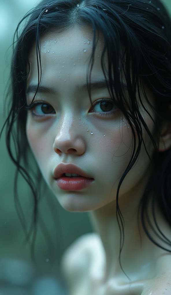 Girl  face, pale and dripping with water