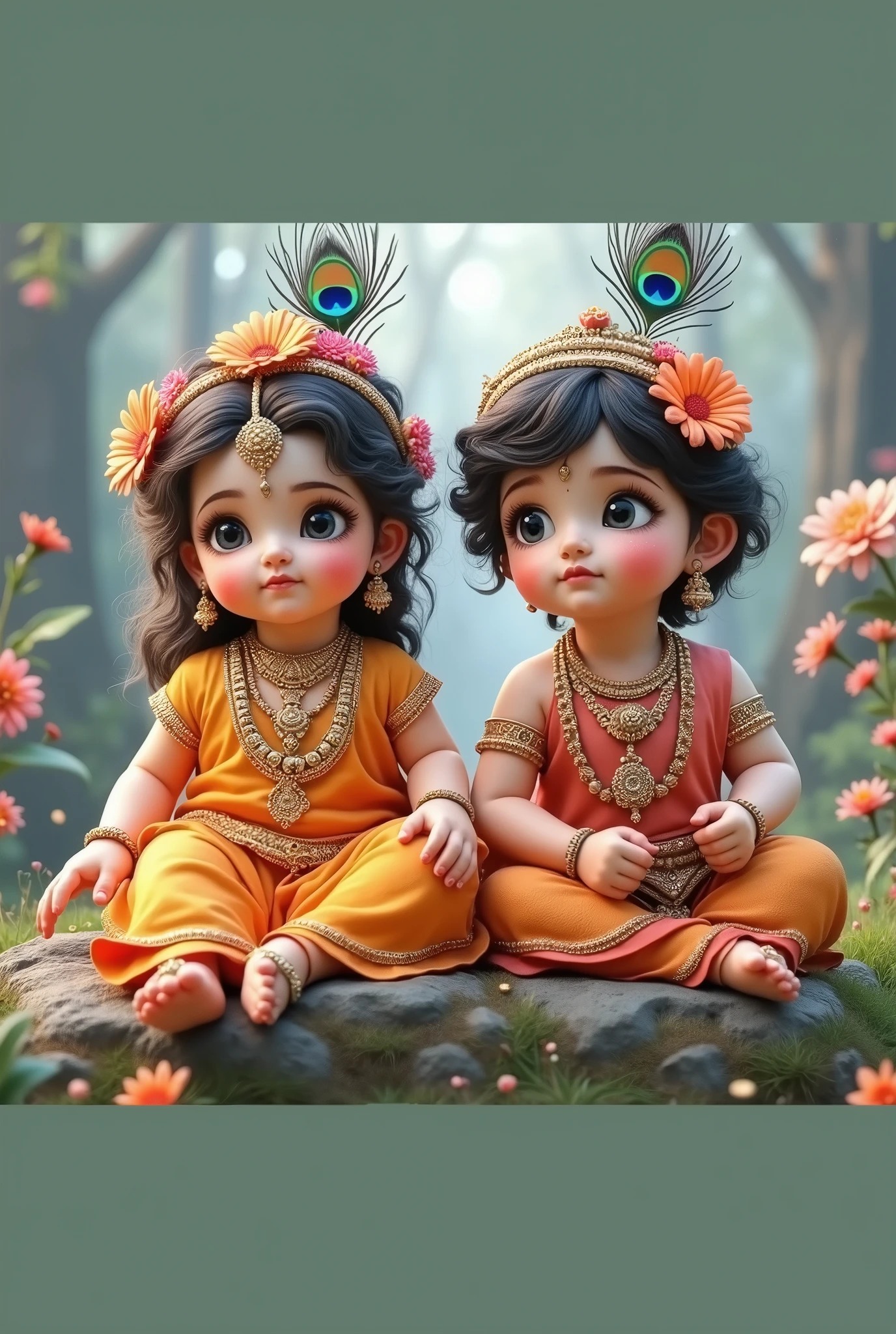 Generate images of cute Radha and Krishna as a child , feather of peacock tucked to the head, 8k render quality