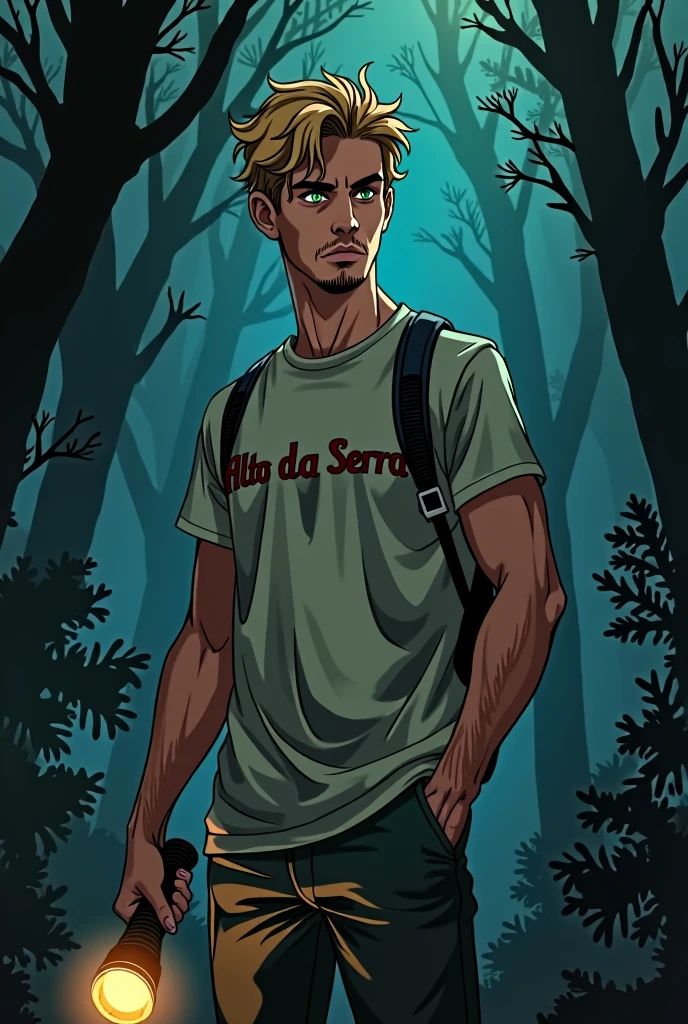 Mature 20 year old man with mysterious expression, dark blonde short hair, with a blond beard and green eyes wearing a summer camp t-shirt that says Alto da Serra and a flashlight in his hand, half dark academia, Estilo da DC Comics, imagem sem fundo