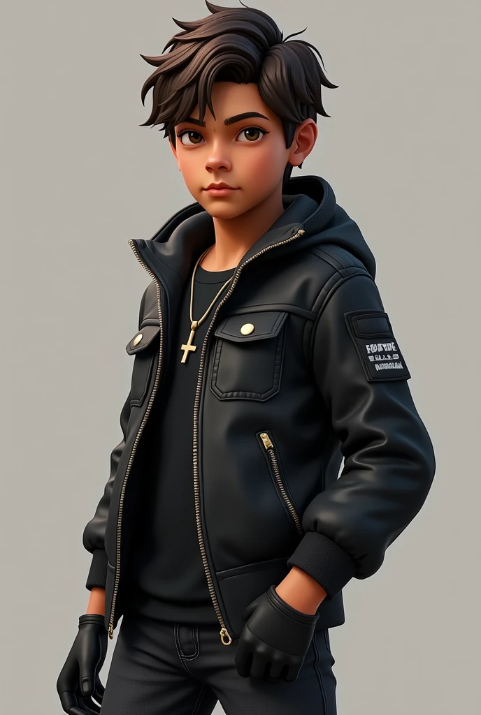 Fortnite skin, mexican boy, brown hair, brown eyes
black jacket, jeans, black gloves, head facing on side,