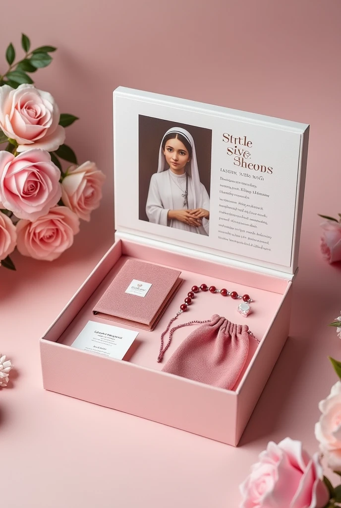 Create an image of my store's launch product. The product is a "box" of third, where the theme is Saint Therese and we use the colors pink and white, but without becoming , get inspired by the book box "story of a soul" in the editorial my catholic library. The design should be elegant and delicate and showcase everything that comes in the beautiful box.: the rosary with rose-shaped stones, a thin pocket book that will be a guide to the rosary, a bookmark of Saint Therese and the velvet bag that will be used to store the rosary and preserve it. show all items in the box, so as to arouse the consumer's desire. Use more images of SANTA, WITH MINIMALIST BUT ELEGANT DESIGN.