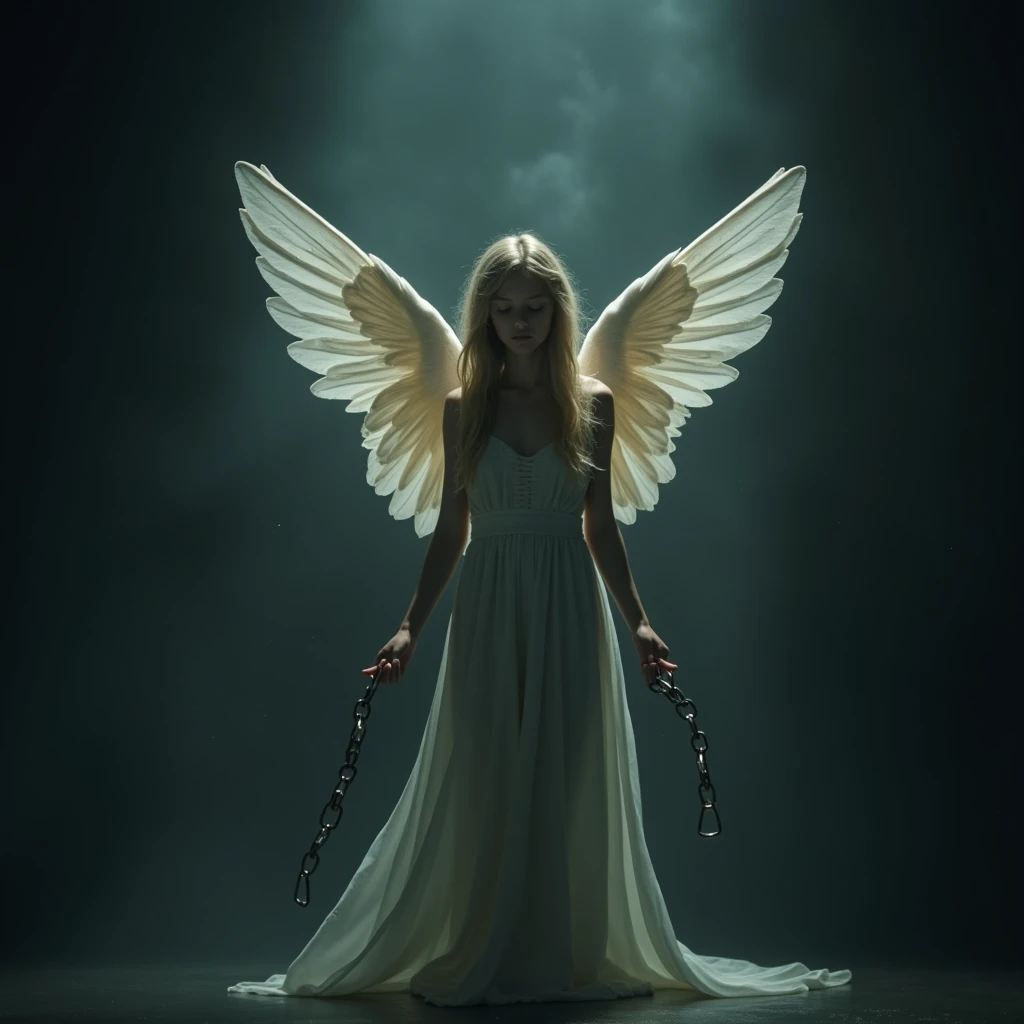 A thin chain locks a beautiful young angel, dark background. Beautiful cinematic lighting, surreal, color graded, dynamic movement, captivating chiaroscuro, full body, award-winning, cinematic still, emotional, vignette, dynamic, vivid, (masterpiece, best quality, photorealistic, Professional, perfect composition, very aesthetic, absurdres, ultra-detailed, intricate details:1.3)