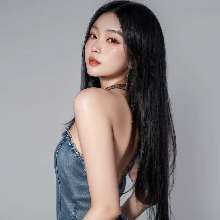 a close up of a woman with long black hair wearing a denim dress, xision wu, asian girl with long hair, asian features, beautiful asian girl, a young asian woman, wenfei ye, by Ni Tian, gongbi, jaeyeon nam, xintong chen, gorgeous chinese model, young asian girl, 1, with long hair