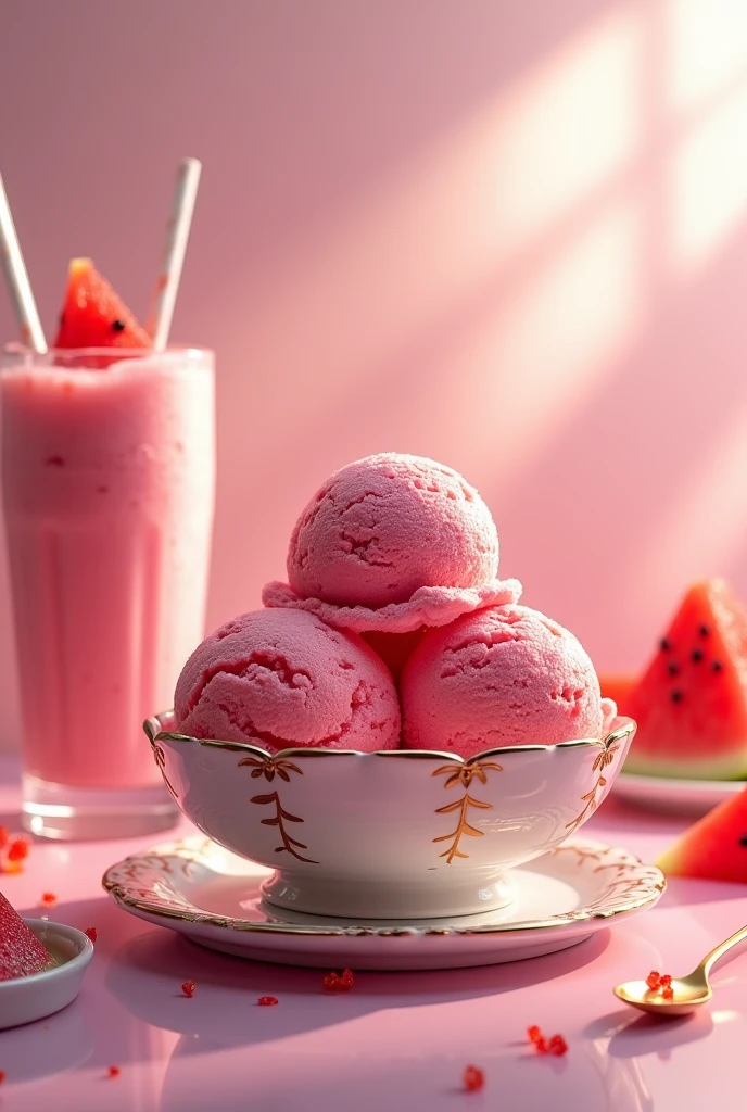 three scoops of watermelon ice cream in a beautiful bowl + milkshake in the background