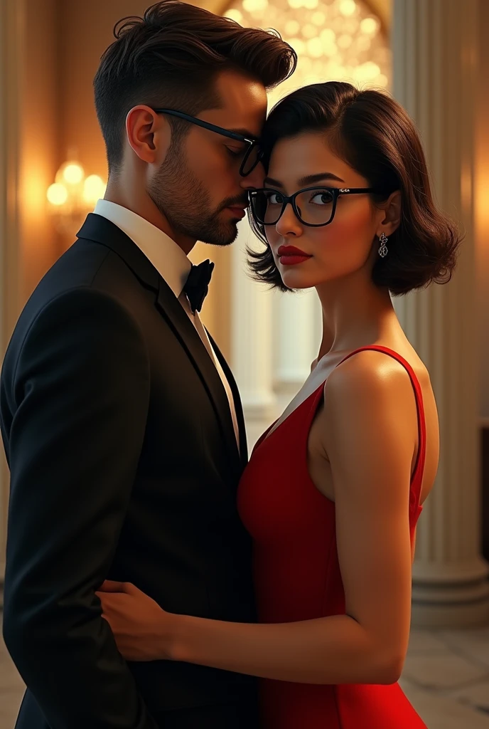 Make a couple of a man with glasses together with a very hot woman with glasses, short hair, very hot