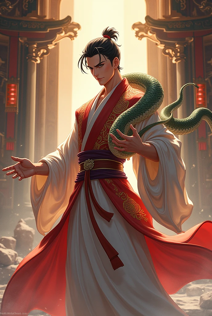 Full body anime style Lean man holding a snake in a majestic pose in a hanfu god