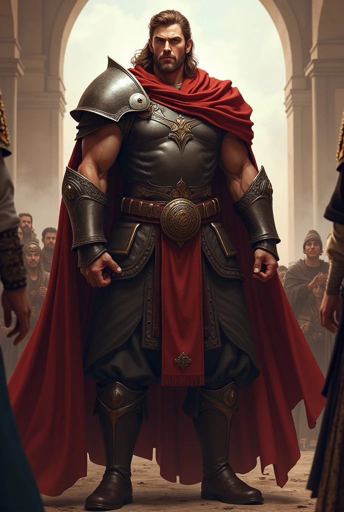 Jarl, He was still a demigod in the end, .He was now a wiser and stronger leader., feared by his enemies and revered by his people.But make him less old and stronger with brown hair and muscle