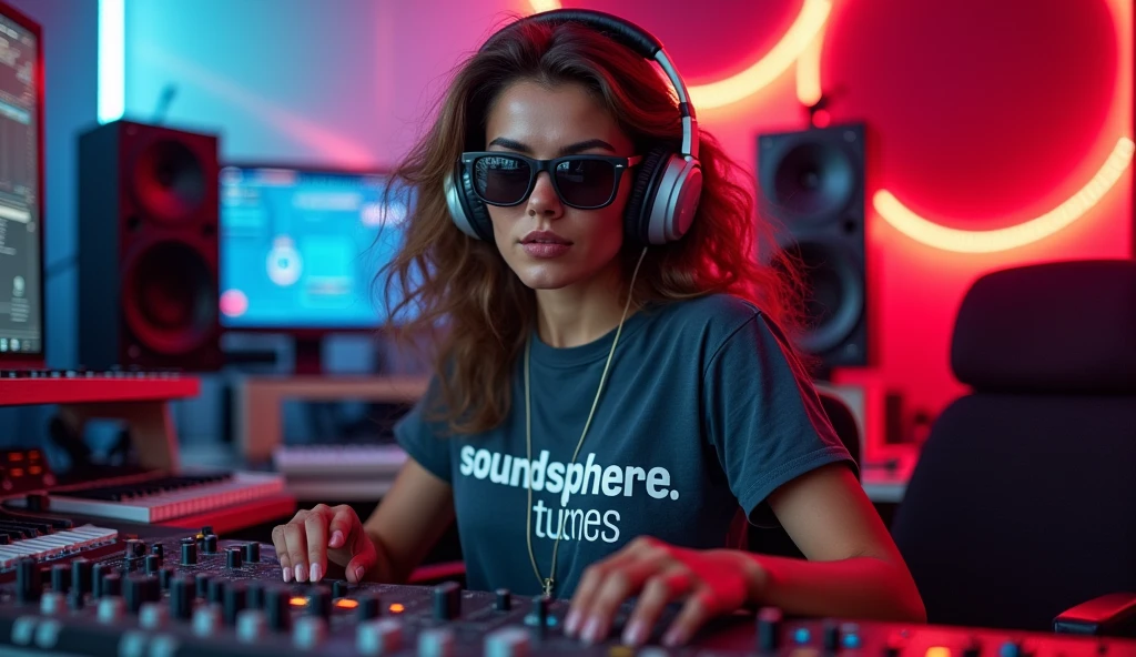 A woman wearing headphones with sunglasses and a T-shirt that says SoundSphereTunes, sitting in a music studio, upper body, looking straight at the camera