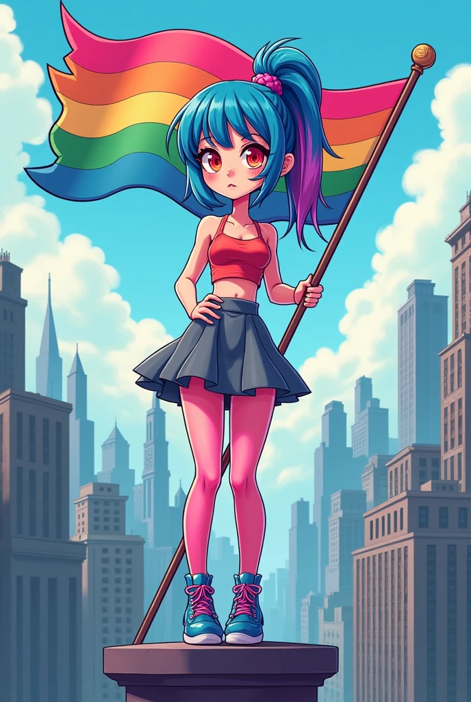 create a full body one the hair is long and tied up the color blue and pink highlights it is an emo outfit it is a pink sauto she will use red makeup it is a black look (create it in a cartoon style) She is on top of a building, she is holding a pansexual flag, she is wearing a short gray skirt, pink tights, blue shoes, and a cropped top.