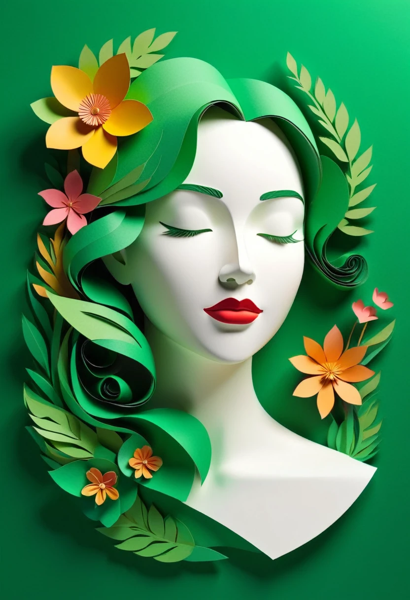 paper_cut,(illustration: 1.3), paper art, 3D rendering of, Green background, (Beautiful side face, Closed eyes: 1.3), (flor branca: 1.2), Colorful, Best quality, Detailed details, Masterpiece, offcial art, movie light effect, 4K, Chiaroscuro, Flash