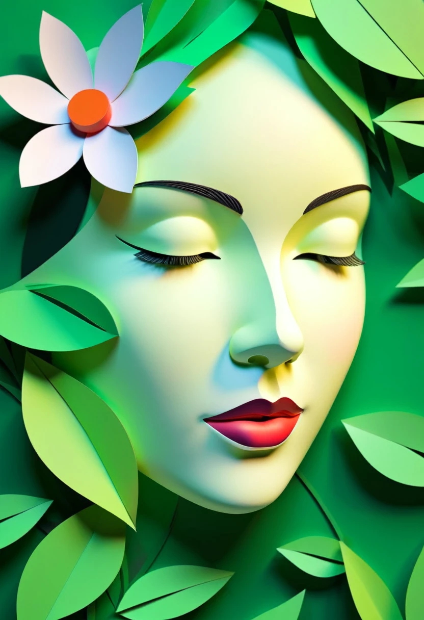 paper_cut,(illustration: 1.3), paper art, 3D rendering of, Green background, (Beautiful side face, Closed eyes: 1.3), (flor branca: 1.2), Colorful, Best quality, Detailed details, Masterpiece, offcial art, movie light effect, 4K, Chiaroscuro, Flash