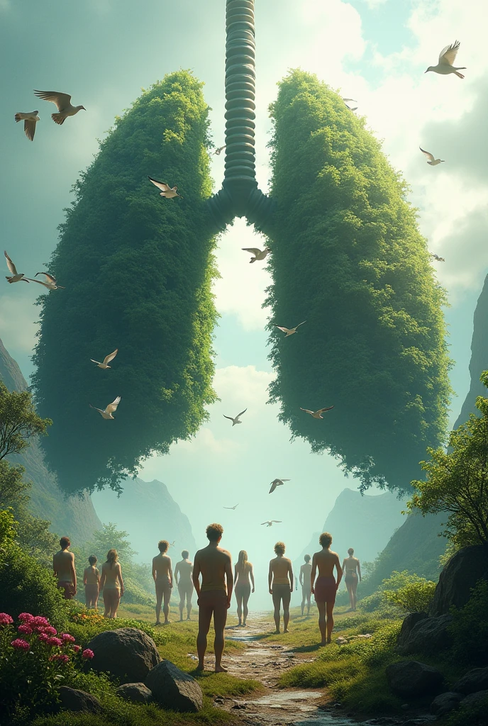 image of nature containing a giant lung covered in leaves and lots of vitality. There are birds flying and a lot of wind.
In front of this image there is a population with several people down there breathing deeply doing Breathwork techniques..