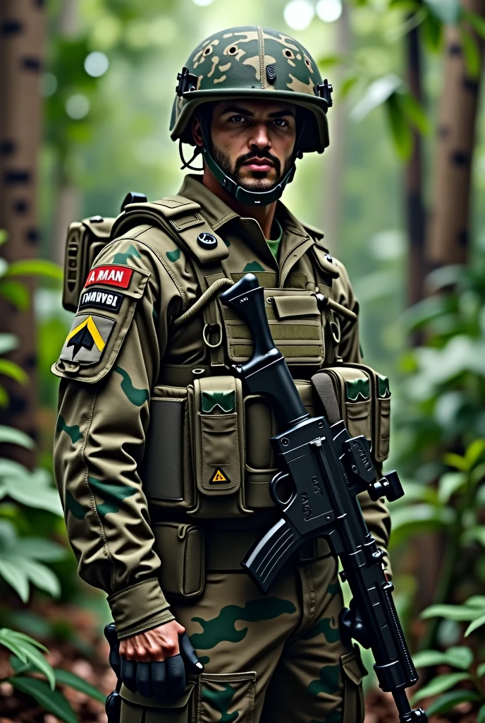 A Brazilian soldier specialized in rural PMBA in digital marpat camouflage uniform
