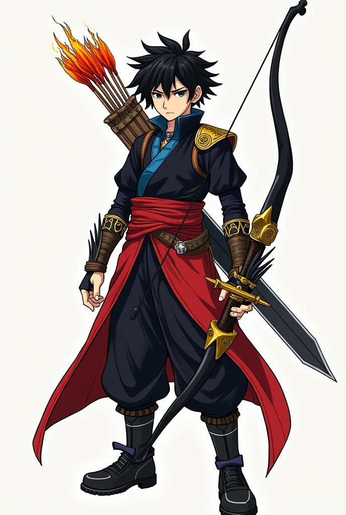 in the Human Comics style create a character, in the Human Comics style create a character, Aizen is a white boy with black hair and black eyes. He wears a black tunic with blue details and a red sash with gold ornaments. He wears leather bracers with hidden blades and high boots. He wears a quiver on his back with flaming arrows and a golden bow, in his right hand he carries a black double-bladed sword