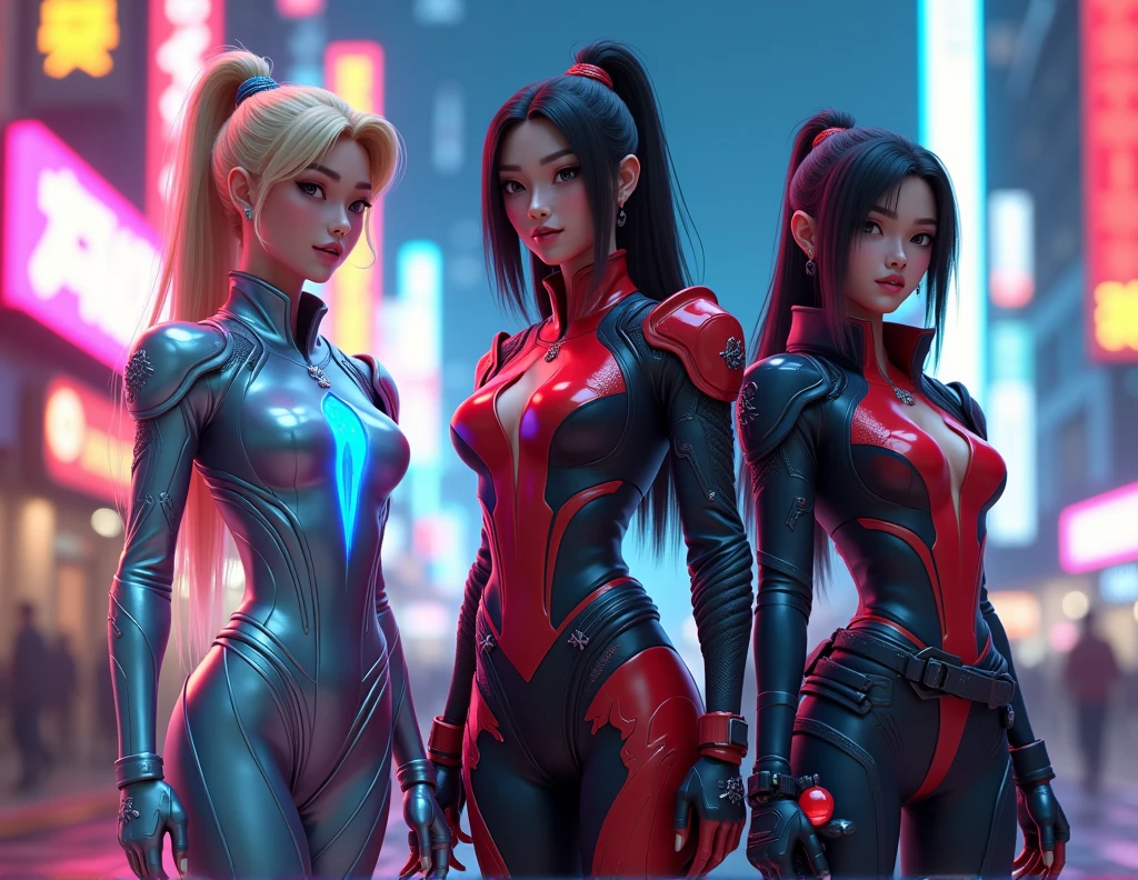 A photorealistic 4K image of Cinderella, Mulan, and Snow White reimagined as powerful, futuristic warriors, standing together in a sleek, neon-lit environment. The scene is cinematic, with intense, vibrant lighting that highlights their detailed, provocative outfits, blending iconic elements with a cutting-edge, futuristic twist.

Cinderella, with platinum blonde hair styled in a sharp bob, wears a sleek, metallic silver bodysuit that glows with embedded neon blue lines. Her outfit is adorned with transparent, holographic glass-like panels, and she wields a high-tech crystal slipper weapon, symbolizing her transformation into a futuristic hero.

Mulan, with jet-black hair in a high, intricate braid, is dressed in a deep red and black armored bodysuit with dragon-scale patterns. Her outfit is accented with glowing red runes and high-tech combat gear, including a retractable energy blade. Her fierce expression and battle-ready stance reflect her warrior spirit in this futuristic setting.

Snow White, with raven-black hair and pale skin, wears a dark, holographic gown that shifts colors in the light, with glowing red accents reminiscent of a poisoned apple. Her outfit is detailed with bioluminescent vines that twist around her arms and shoulders, and she holds a sleek, futuristic mirror-like device that glows with a soft, eerie light.

The backdrop is a neon-lit, futuristic cityscape, with holographic advertisements and towering skyscrapers. The lighting casts vibrant reflections across the scene, emphasizing the intricate details of their outfits and the provocative, empowered nature of their reimagined characters. The atmosphere is charged with intensity, creating a cinematic, hyper-realistic visual experience.

[Lighting: Intense neon glow with dynamic reflections] [Camera: Wide-angle full-length shot] [Resolution: 4k, hyper-realistic] [Style: Futuristic fashion, provocative warrior aesthetics, cinematic fantasy] [Inspiration: Cyberpunk 2077, Blade Runner, Tron].
