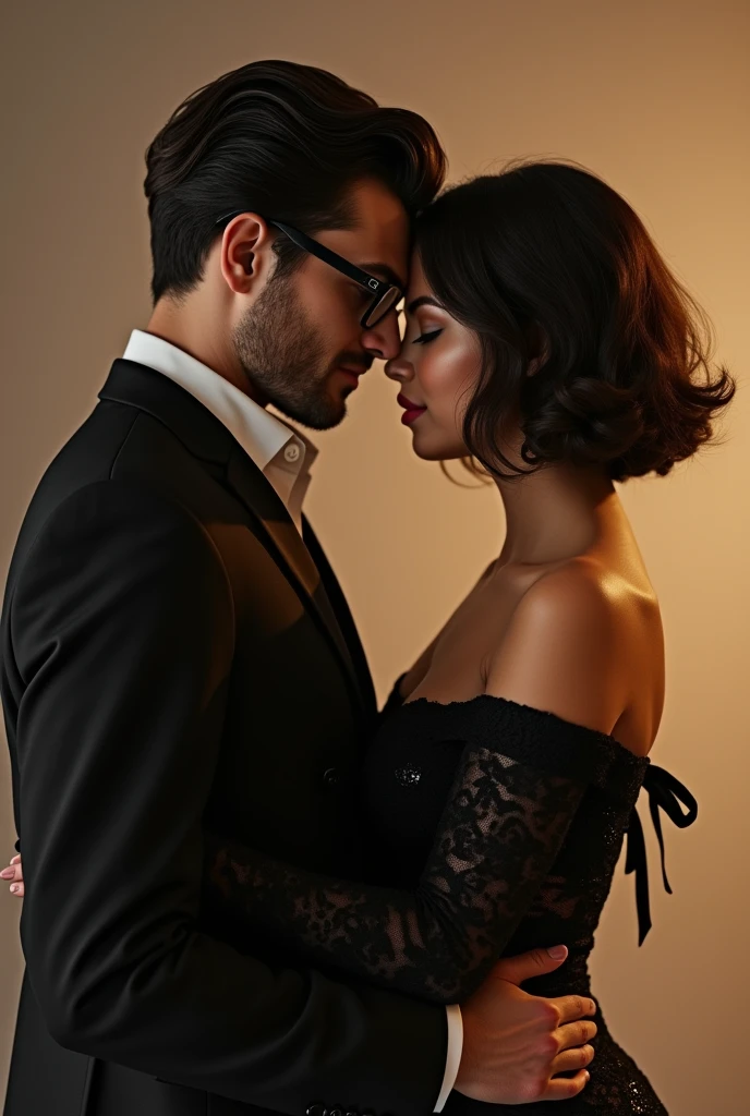 Make a couple of a man with glasses together with a very hot woman with glasses, short hair, very hot with a great body. 