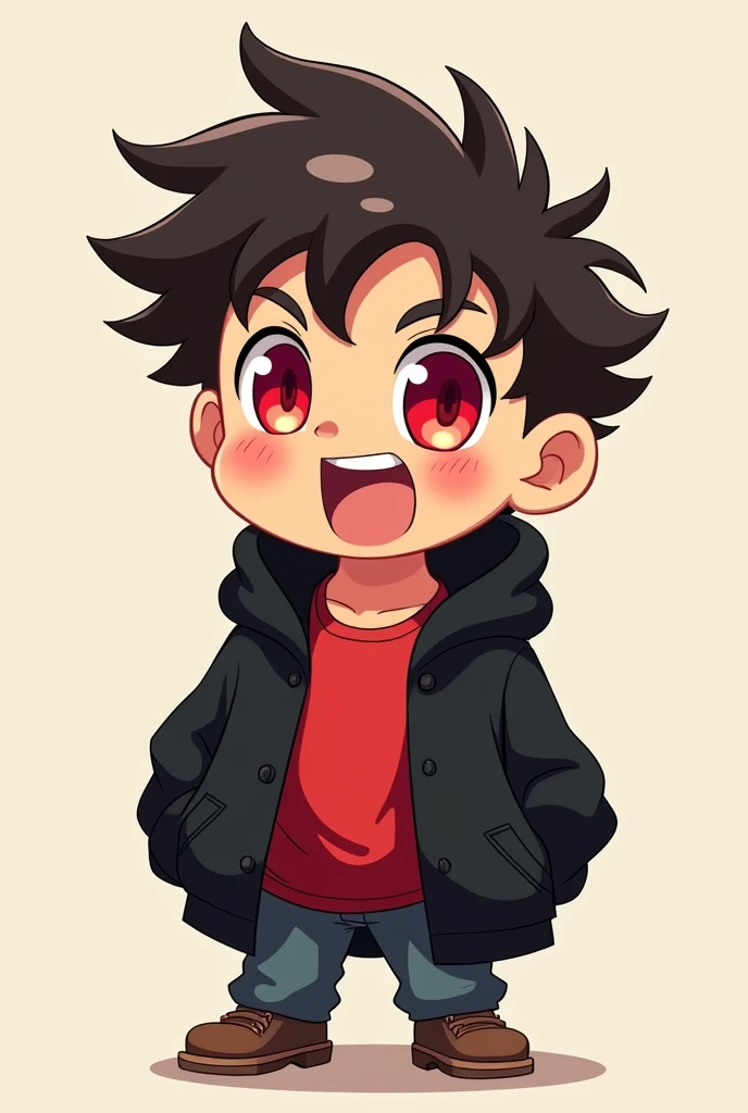 1. One man 2. Chibi figure 3. Red inner shirt 4. Black sweater 5. red eyes