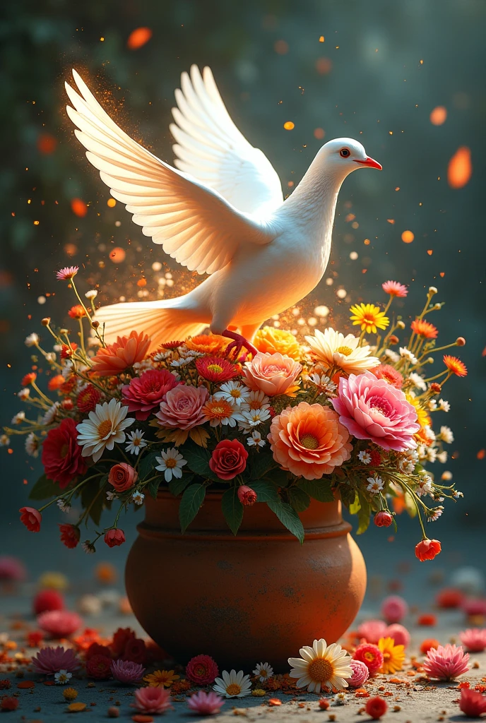 Rustic clay pot with too many flowers of all kinds and colors ,a white dove flying full of light mixed with fire stirring the flowers