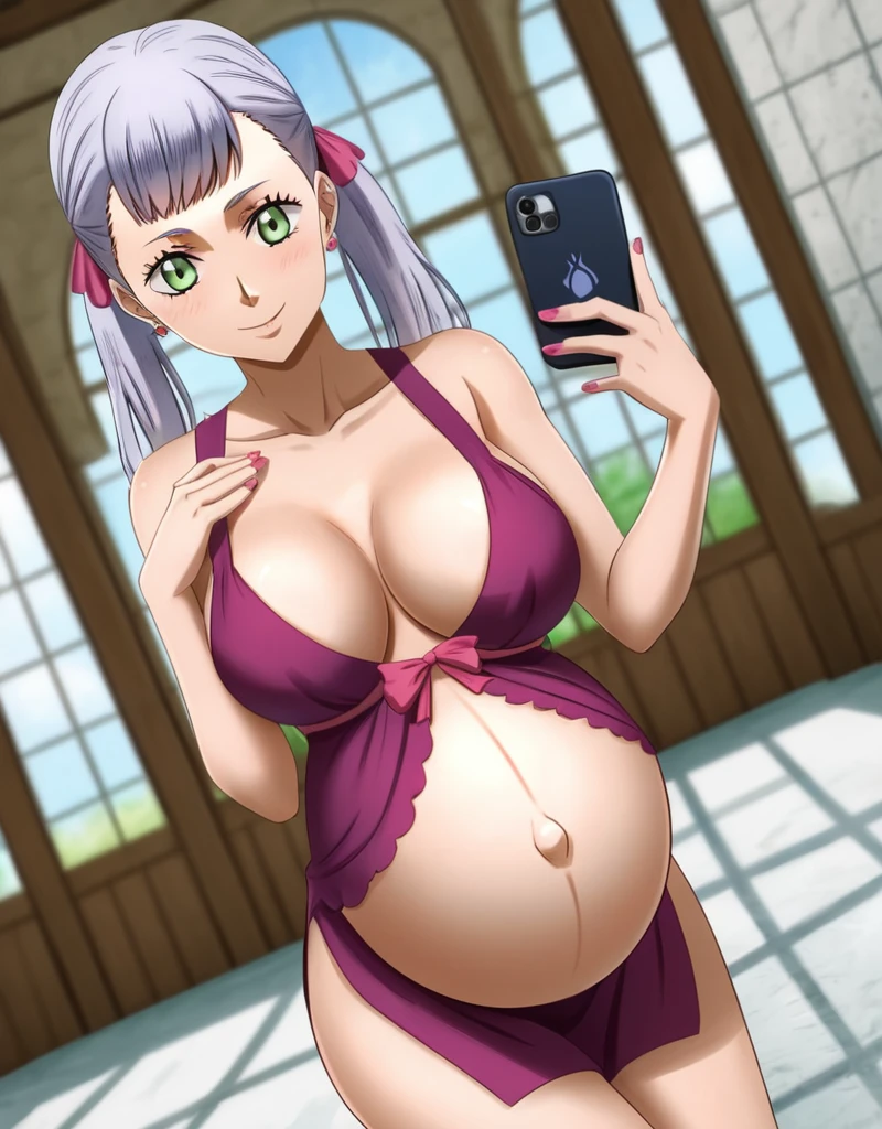 noelle_blackclover, Noelle Silva, Black Clover, long silver hair, waist-length hair, half-up half-down hairstyle, ribbon, side-parted bangs, almond-shaped blue eyes, high-quality, ultra-detailed, beast quality, 8K resolution,
looking at viewer, dutch angle, cowboy shot, smile, pregnant belly, large belly, big belly, big Breasts, belly button, Earrings,
1girl,solo, indoors, spa, happy, Smiling, rub belly, Posing as a model,
full body, Nail polish, Selfie