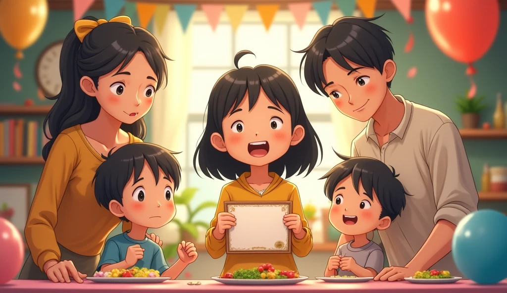 Here is the prompt corresponding to the Studio Ghibli-style excerpt:"A charming Studio Ghibli scene depicting a lively family celebration. Sofia, the youngest daughter, stands in the center holding a simple certificate of participation, beaming with pride. Around her, her parents enthusiastically organize a joyous celebration with decorations, balloons and a festive event. The atmosphere is warm and full of exaggerated happiness, while in the background the other two siblings a boy and a girl, especially Clara, watch silently, their expressions are a mixture of hidden frustration and acceptance, while the contrast between his treatment is subtly shown.