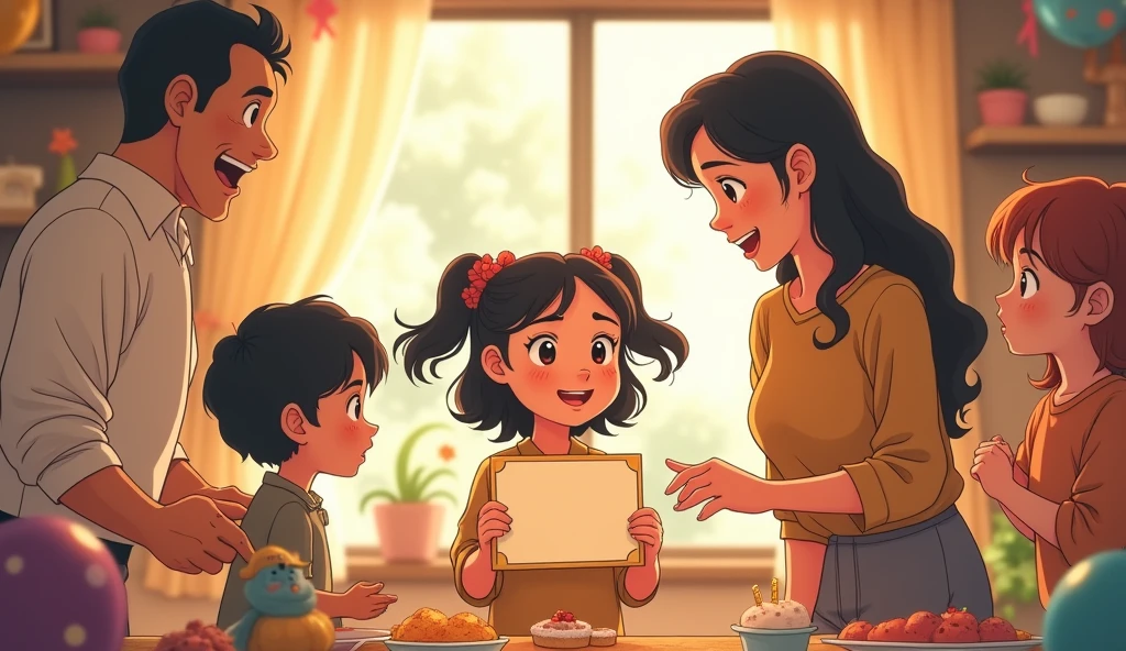 Here is the prompt corresponding to the Studio Ghibli-style excerpt:"A charming Studio Ghibli scene depicting a lively family celebration. Sofia, the youngest daughter, stands in the center holding a simple certificate of participation, beaming with pride. Around her, her parents enthusiastically organize a joyous celebration with decorations, balloons and a festive event. The atmosphere is warm and full of exaggerated happiness, while in the background the other two siblings a boy and a girl, especially Clara, watch silently, their expressions are a mixture of hidden frustration and acceptance, while the contrast between his treatment is subtly shown.