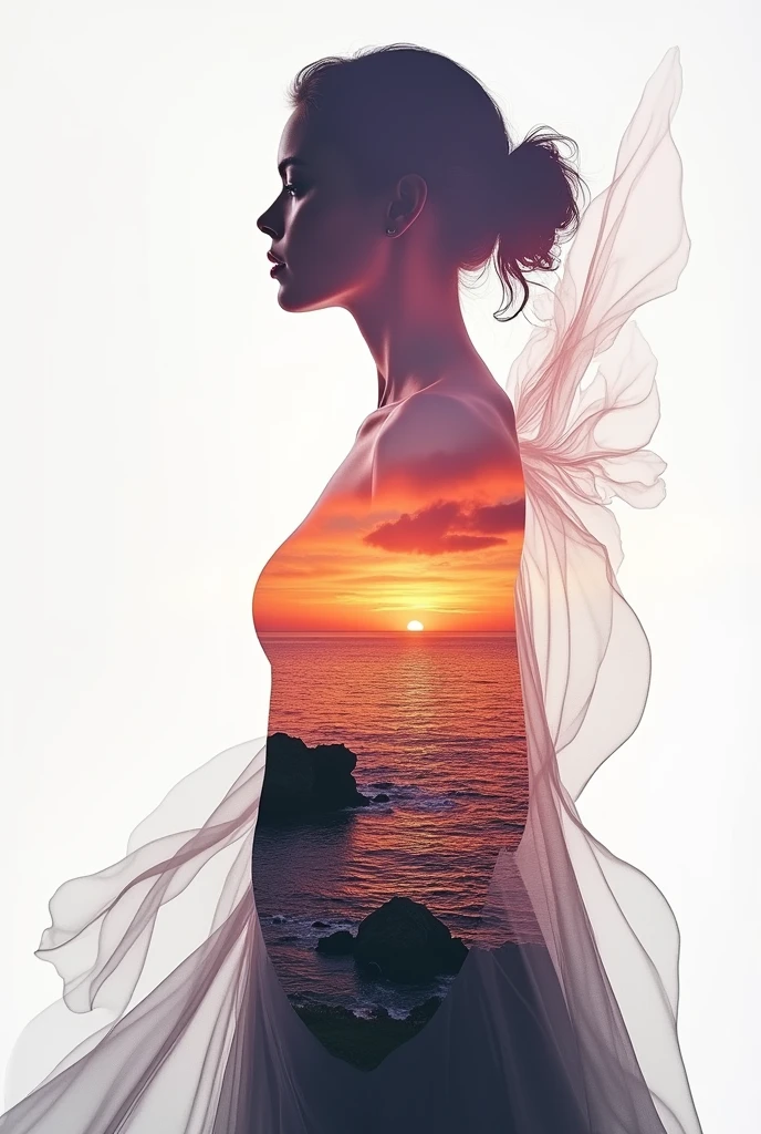 high quality, 8K Ultra HD, A beautiful double exposure that combines an goddess silhouette with sunset coast, sunset coast should serve as the underlying backdrop, with its details incorporated into the goddess , crisp lines, The background is monochrome, sharp focus, double exposure, by yukisakura, awesome full color,