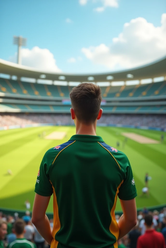 A 20 years old boy wearing Australia cricket jersey and watching live cricket in beautiful Stadium, weaving Australia flag in shoulder. Show from backside 