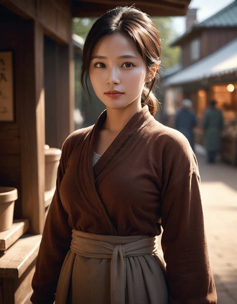 Girl, (art by Terry Redlin:0.7) , warm slope, Amazing woman spice trader, Depth of field 100 mm, beautiful,dynamic pose