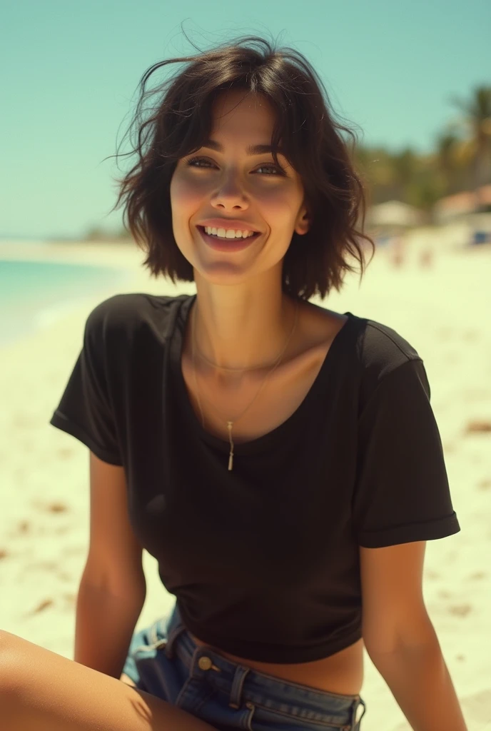 Kodak disposable camera photo of Christen Harper with shorts hair, wearing a black t-shirt, smiling suggestively, sitting on a beach, on a sunny day, old filter