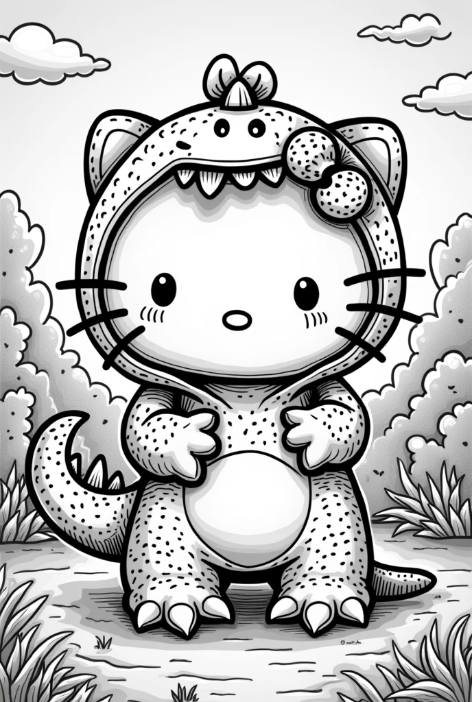 create a hello kitty dressed as a dinosaur to color