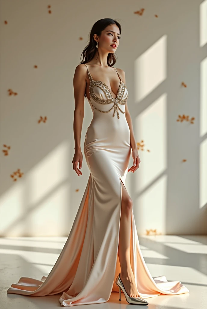 conserve la femme et presente là entière dans une sublime robe de soirée. Elle aura aux pieds des talons hauts de 10cm et une jolie manucure et pedicure.