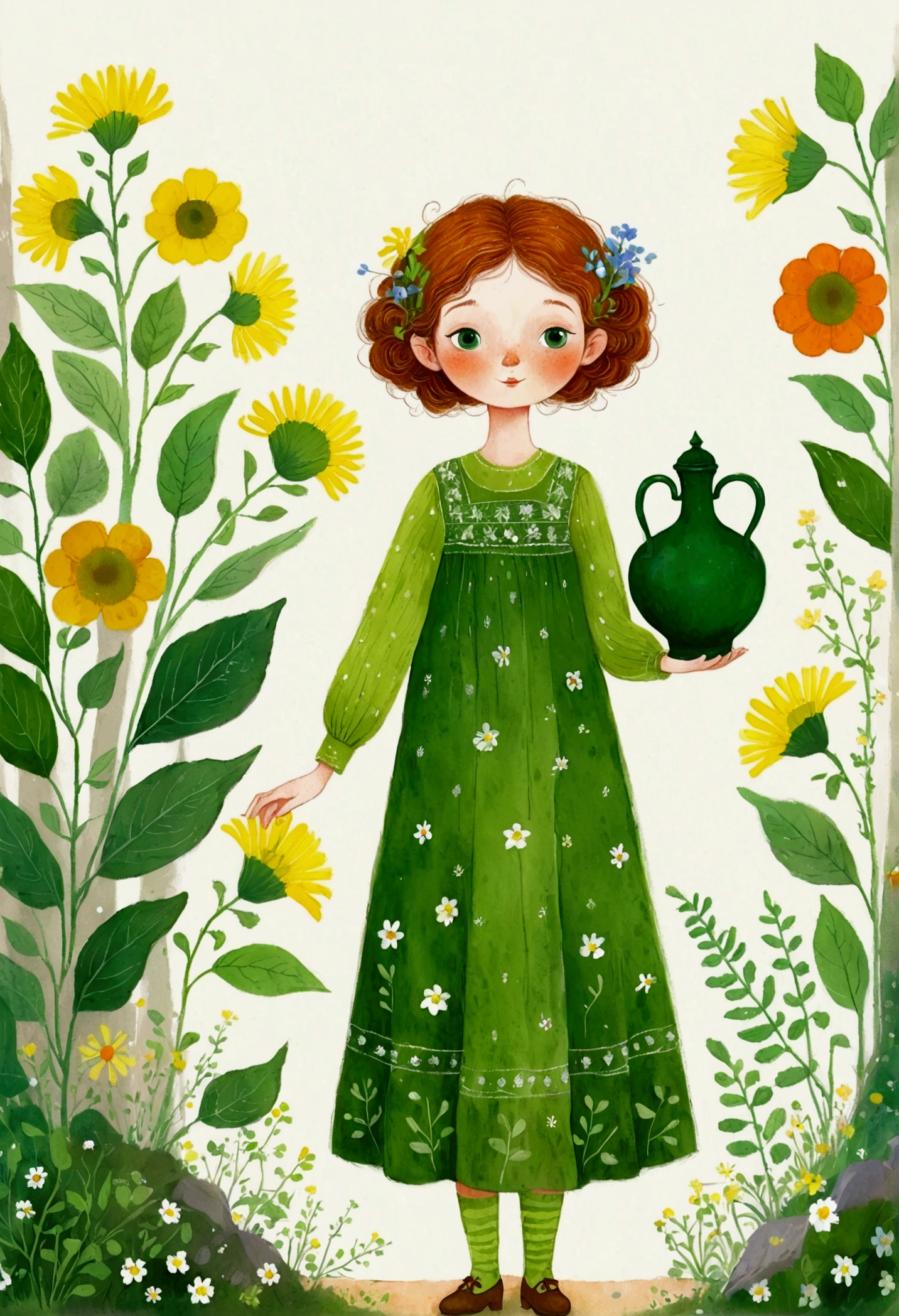 illustration of a girl with a green dress and a green vase, A painting inspired by Elsa Beskow, tumblr, ish Art, mixed media illustration, Illustration Art, vignette illustration, mixed media style illustration, illustration, illustration”, full color illustration, illustration, Come out of the light, painting illustration, #illustration, painterly illustration