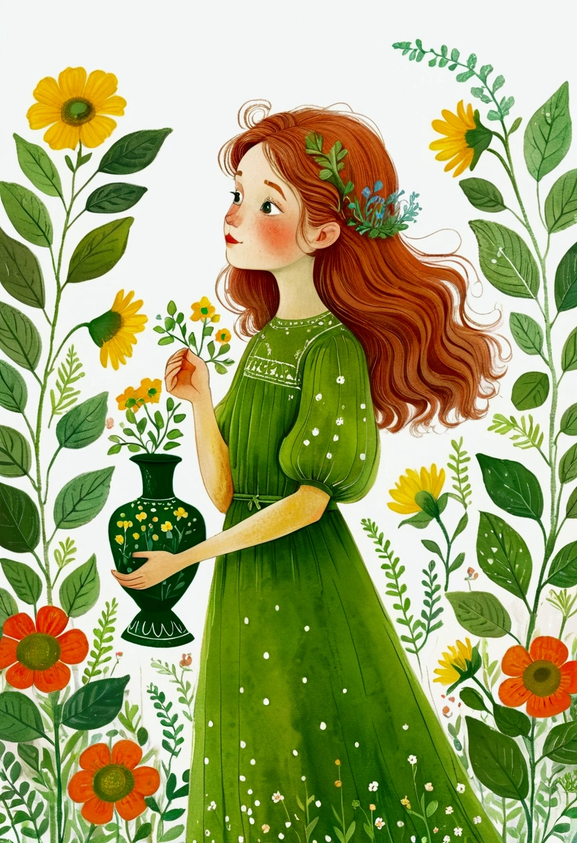 illustration of a girl with a green dress and a green vase, A painting inspired by Elsa Beskow, tumblr, Childish Art, mixed media illustration, Illustration Art, vignette illustration, mixed media style illustration, illustration, illustration”, full color illustration, illustration, Come out of the light, painting illustration, #illustration, painterly illustration