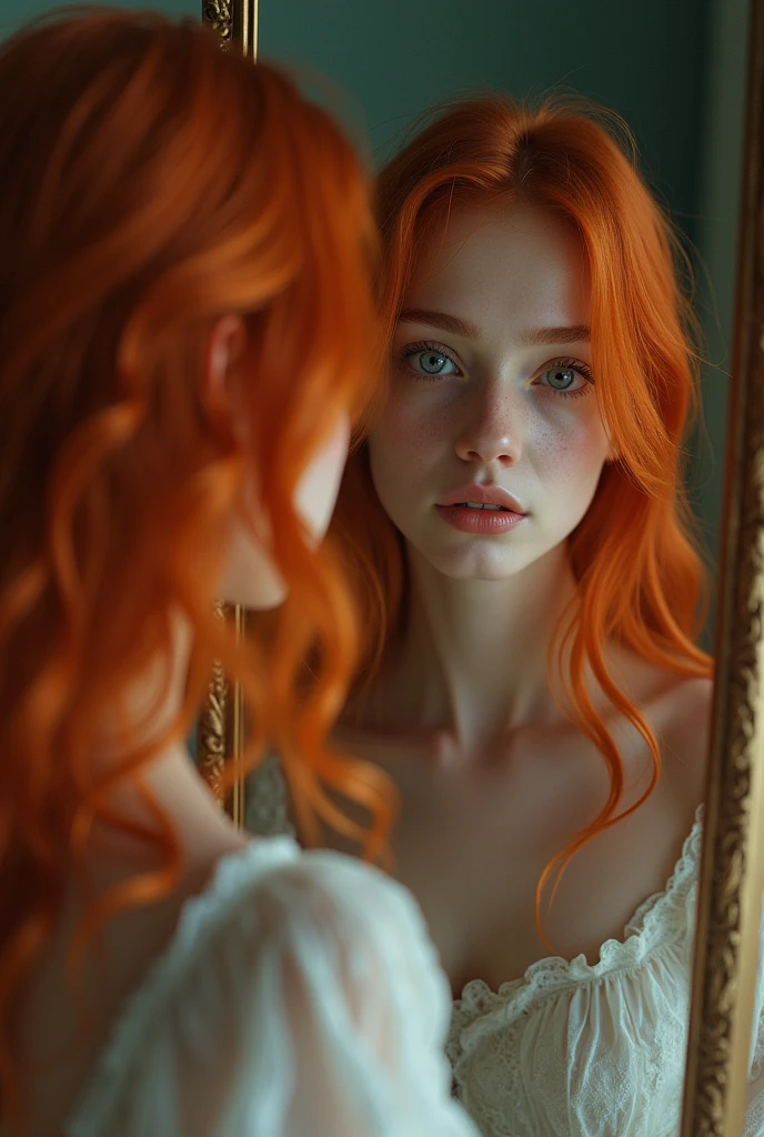 A very pretty girl who looked at the mirror to see she had become ugly. She has orange hair