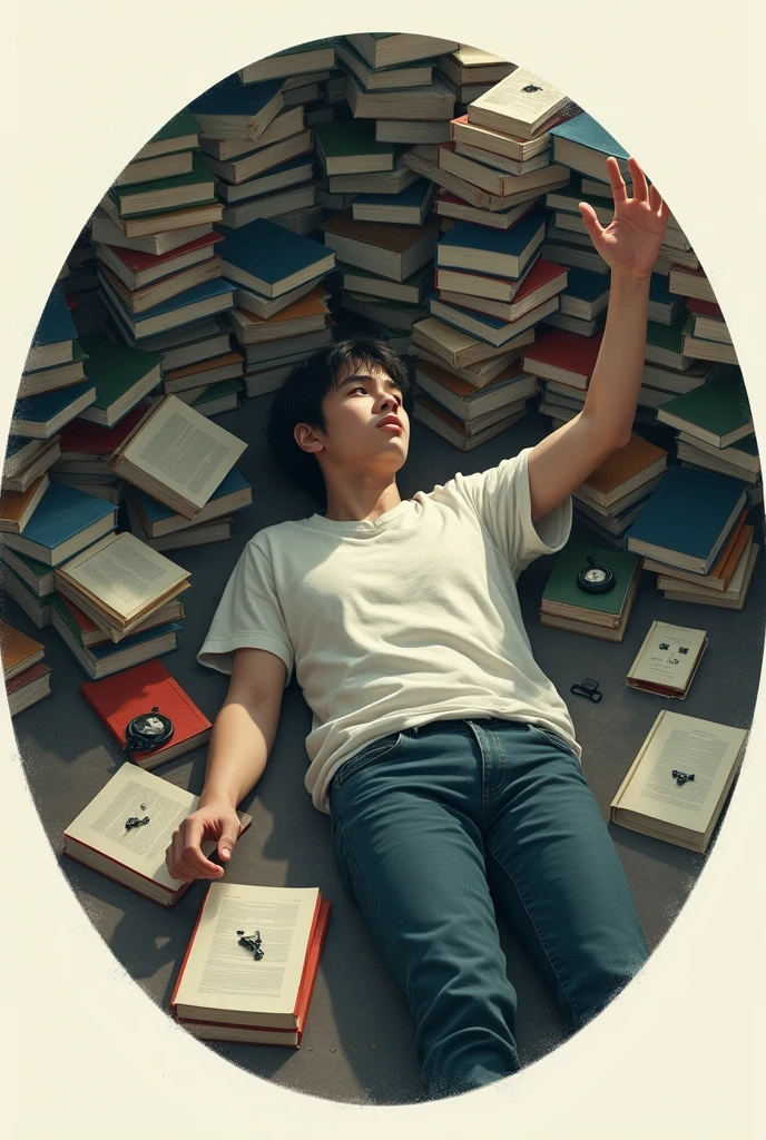 Make a circle shape dp of a alone 20 year boy who is lying on the ground .His one hand is towards gaming accessories but he couldn't reach it because he's Stranded under a bulk of books .