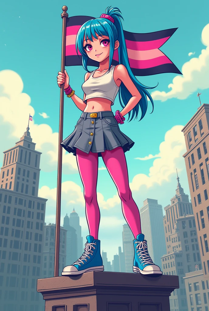 create a full body one the hair is long and tied up the color blue and pink highlights it is an emo outfit it is a pink sauto she will use red makeup it is a black look (create it in a cartoon style) She is on top of a building, she is holding a pansexual flag, she is wearing a short gray skirt, pink tights, blue shoes, and a cropped top.