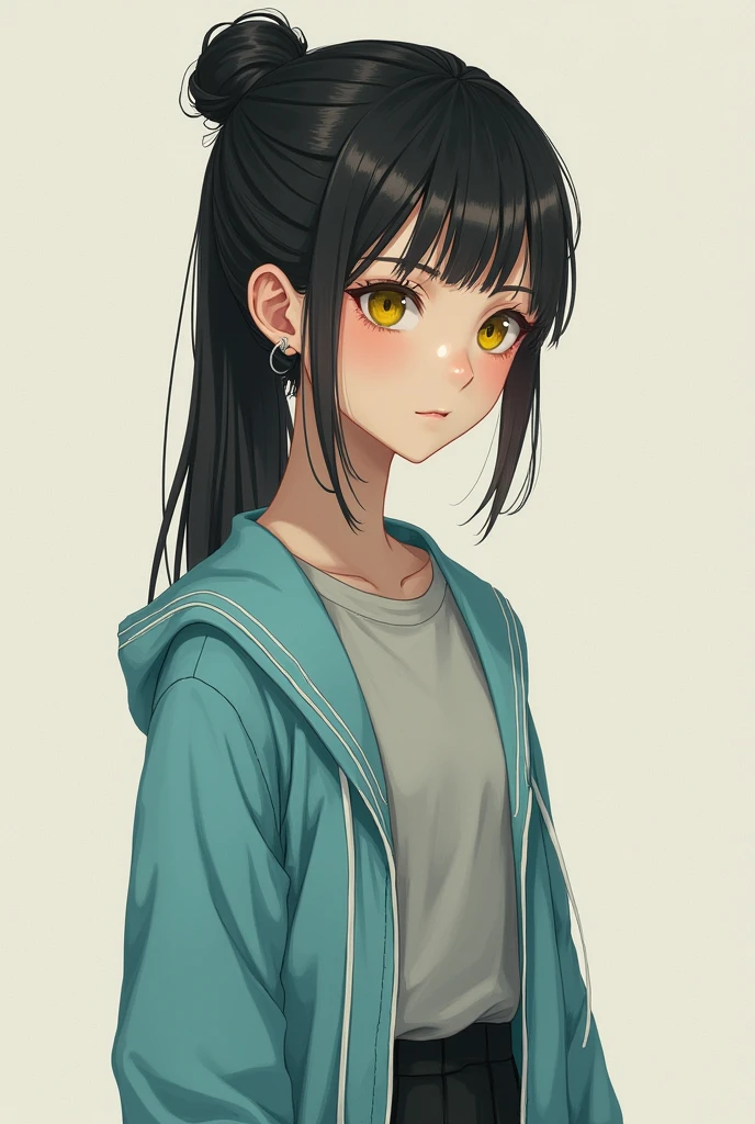 You can make a full body introverted girl with long black hair tied up, with yellow eyes, of clothes: cyan jacket, grey shirt with white